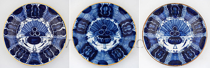 Delft Dishes, Peacock Pattern, Blue and White with Yellow Border
Holland
18th Century, entire view